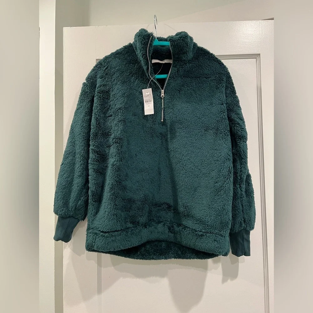 NWT! LOFT Sherpa Zip Sweatshirt, Green, size XS (fits S) - Picture 4 of 8